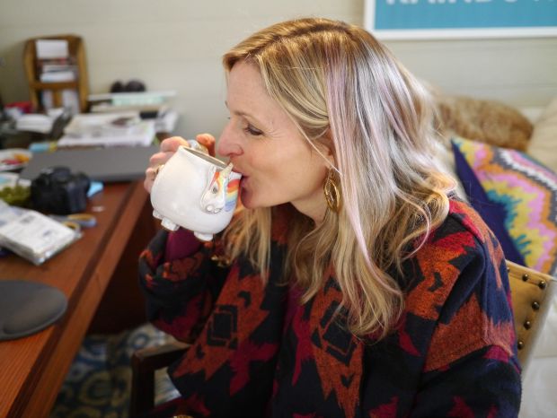 Jen with Elwood the Rainbow Unicorn Mug