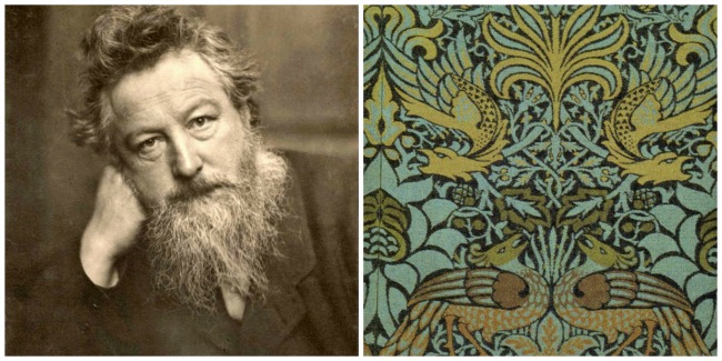 L: William Morris; R: Morris' Peacock and Dragon textile design, 1878 [both Wikimedia] 