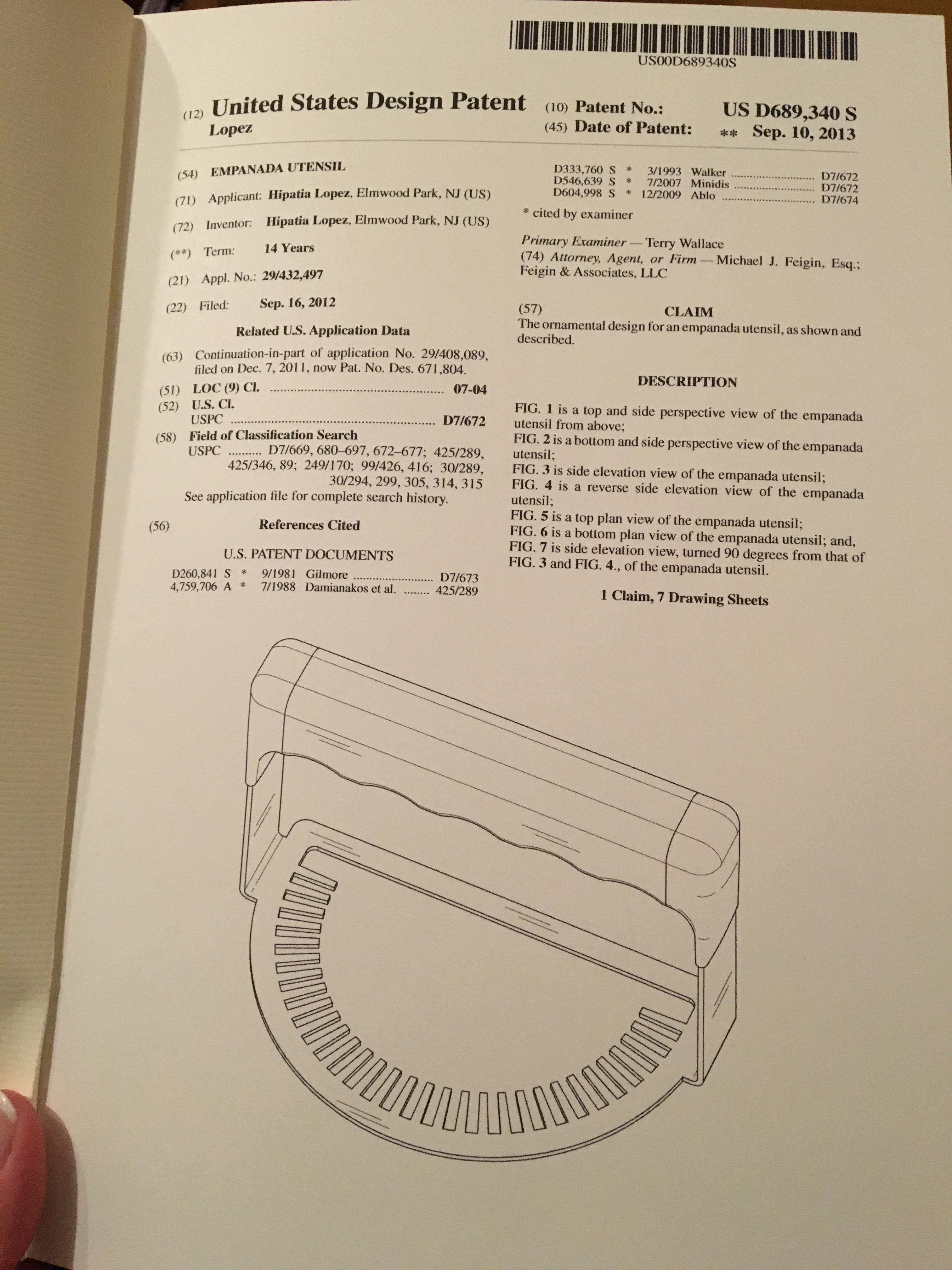 Hipatia's patent for the Empanada Fork