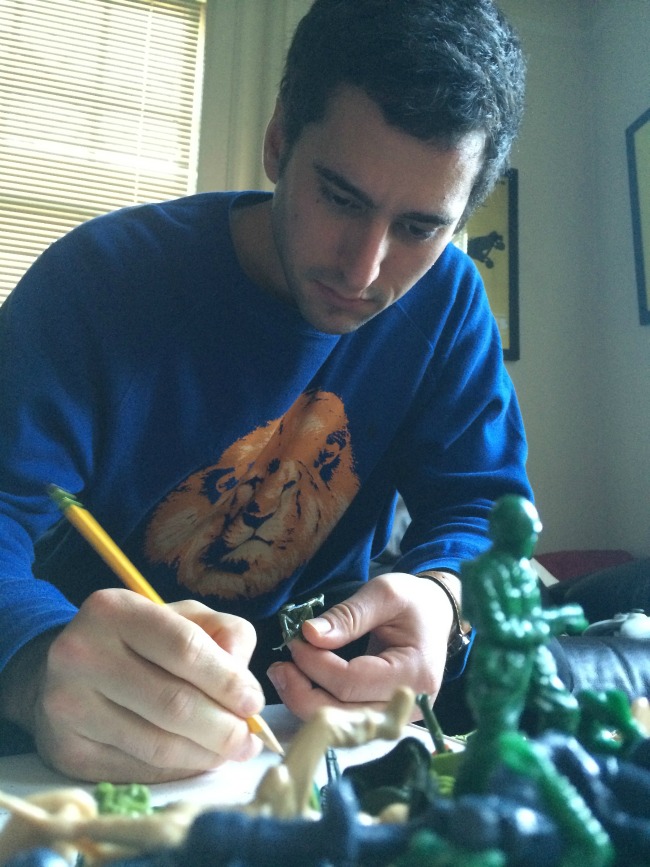 Dan designing new Yoga Joes poses in his home studio