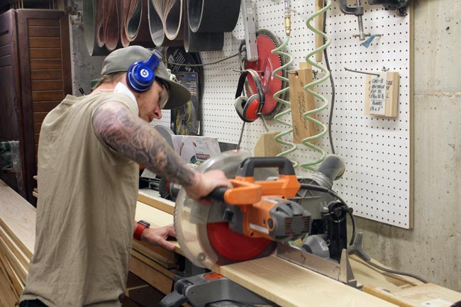 Zach Morton cuts hardwood blanks to length | Sea Stones | UncommonGoods 